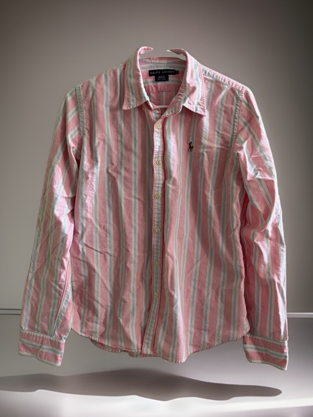 Ralph Lauren Womens 12 Slim Fit Pink Striped Oxford Shirt Pony Button Down